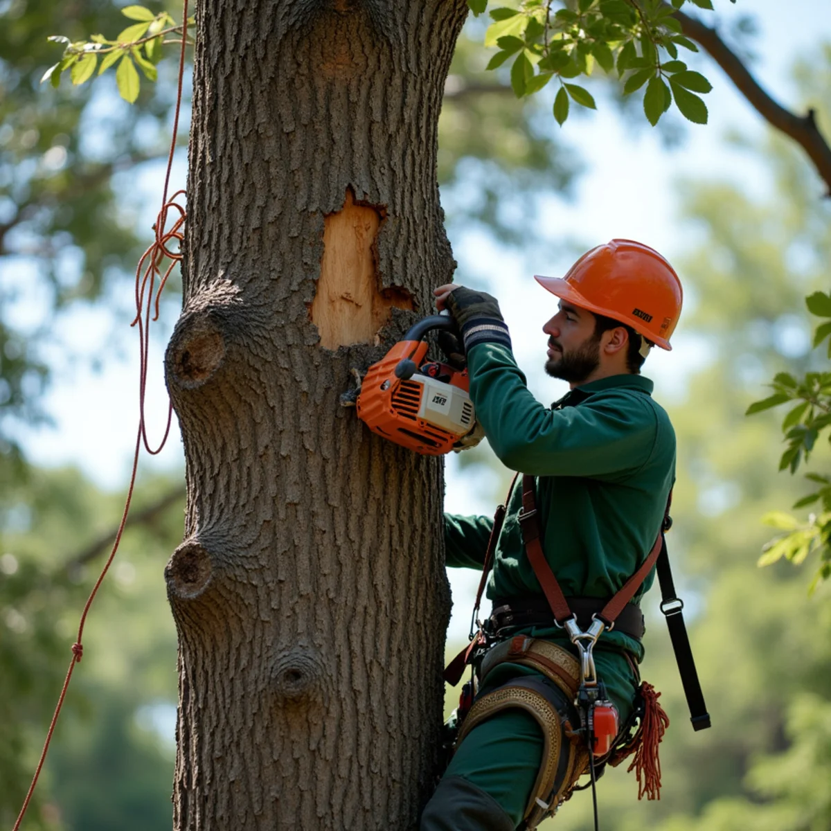 Sectional trunk cut with safety lanyard and lowering bull rope
