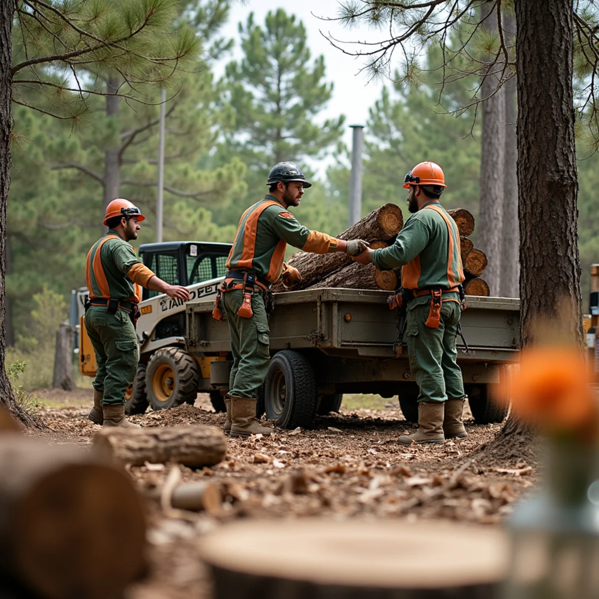 Ground crew loading heavy oak log sections into haul trailer