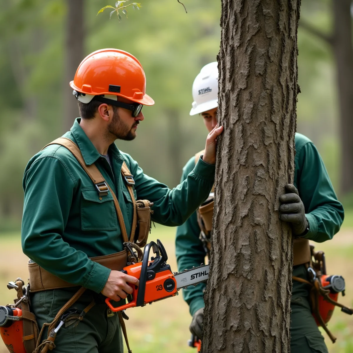 Arborist evaluating mature oak branch collar unions and trunk integrity