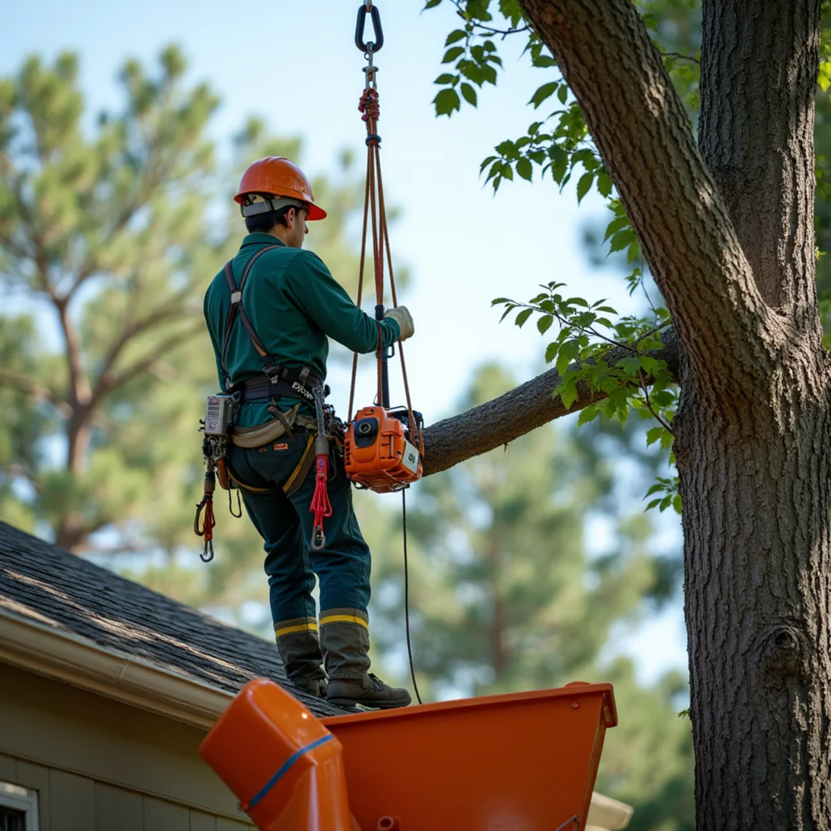 Controlled lowering of heavy oak limb away from residential roofline