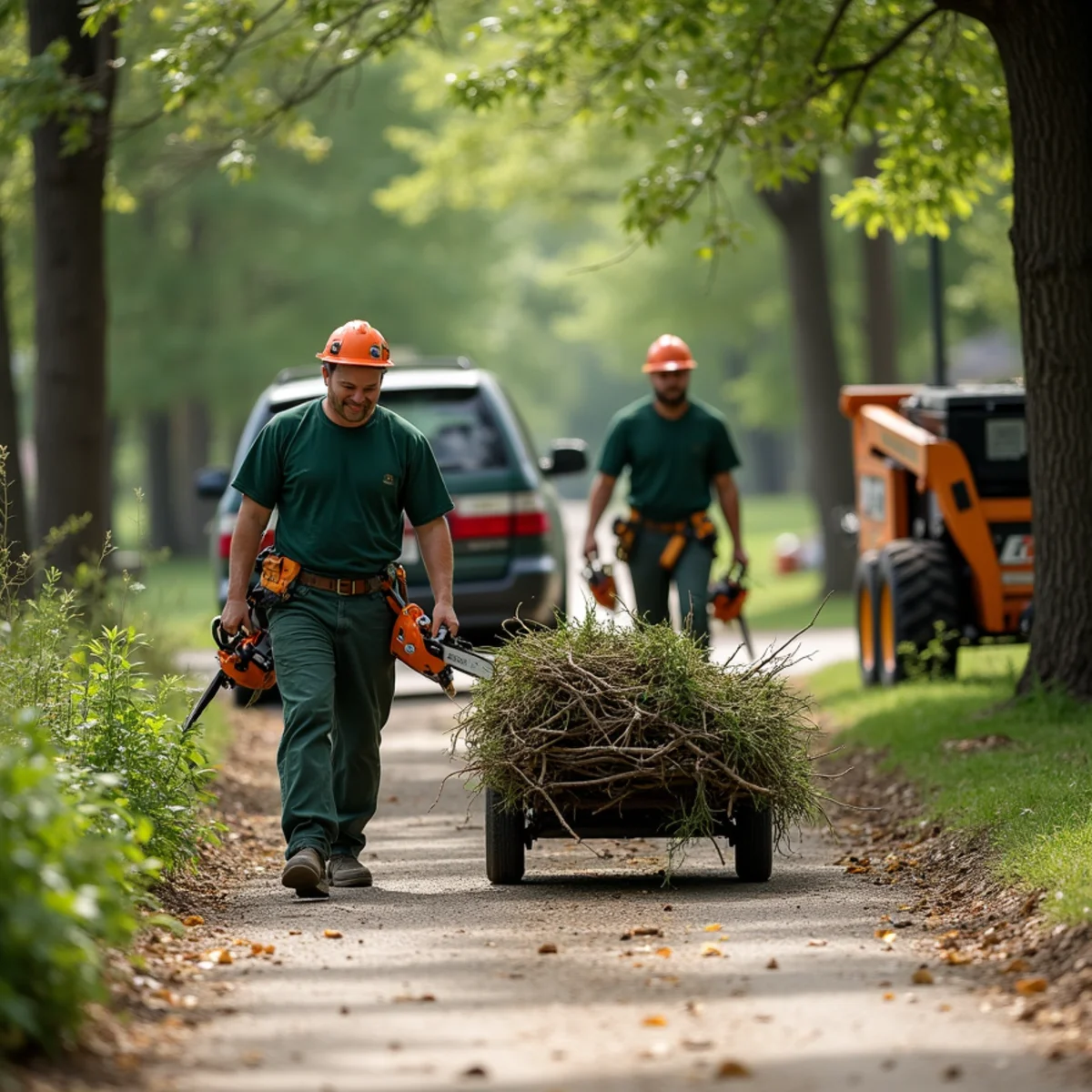 Clearing driveway of all pruned branches and sweeping asphalt