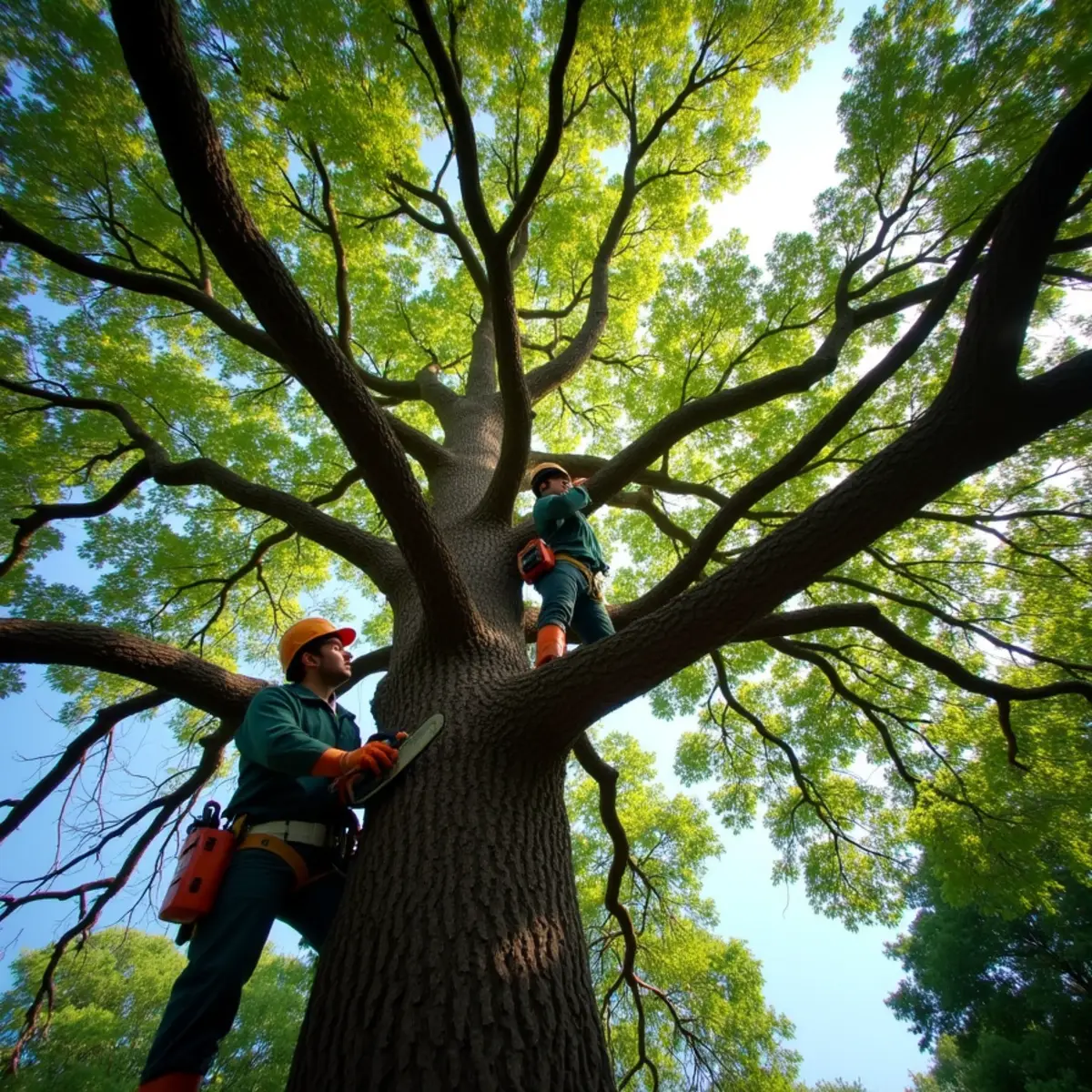 Looking up into dense tree crown before selective canopy thinning