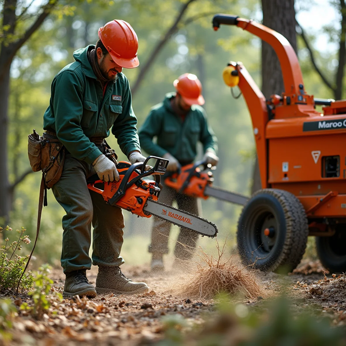 Groundsman chipping brush cleared from around utility corridor