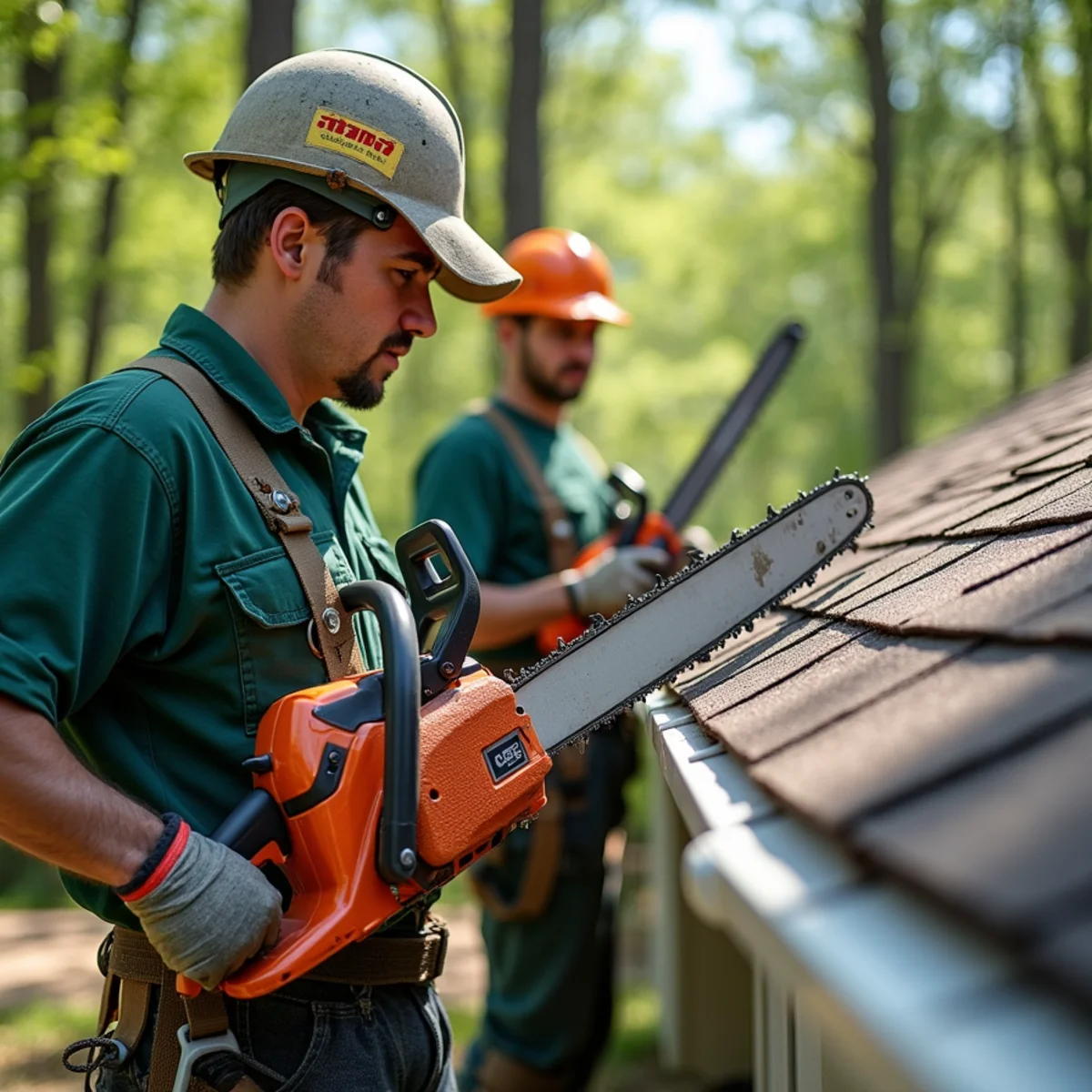 Tree branches rubbing asphalt roofing shingles causing surface wear
