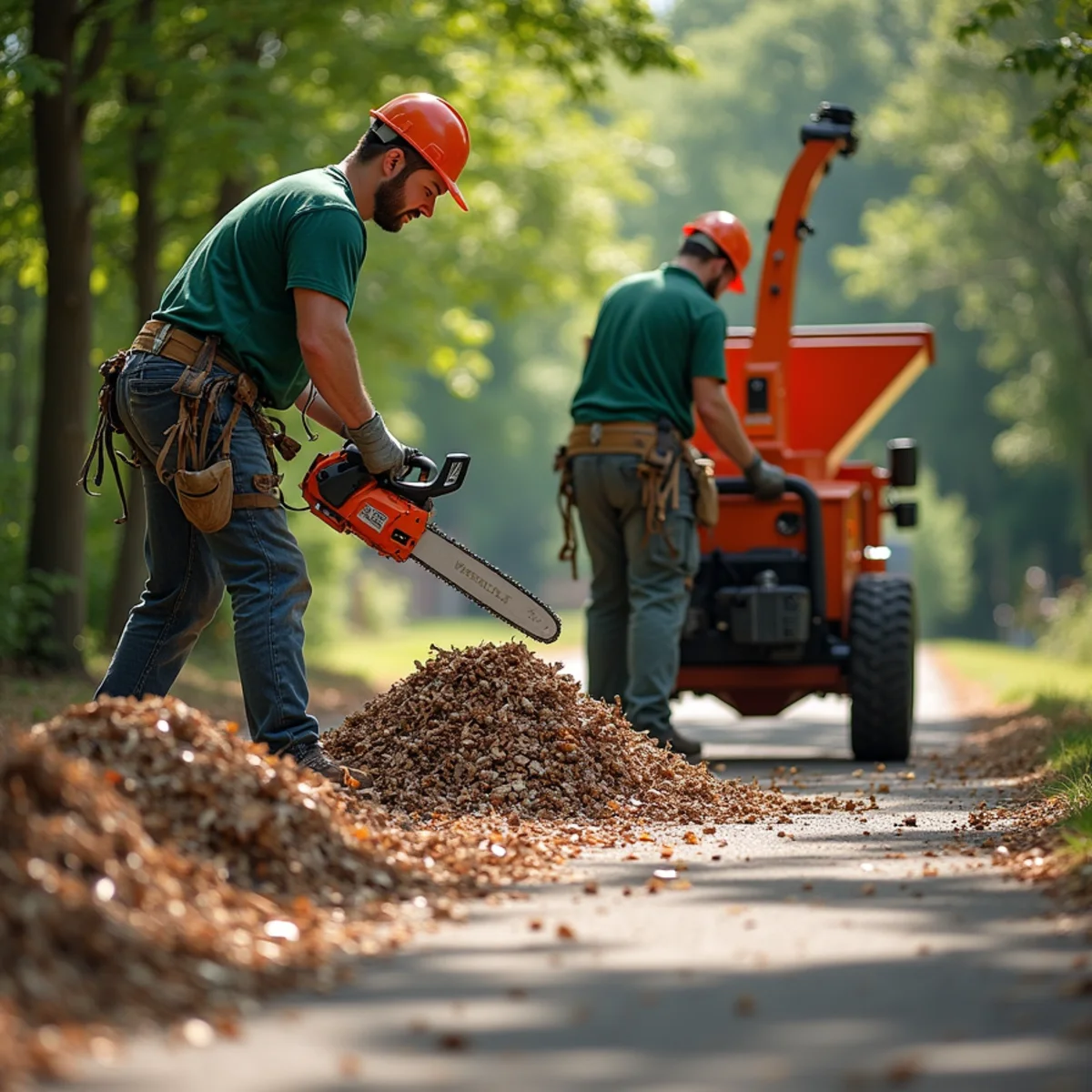 Processing storm-prep branch trimmings into landscaping chips